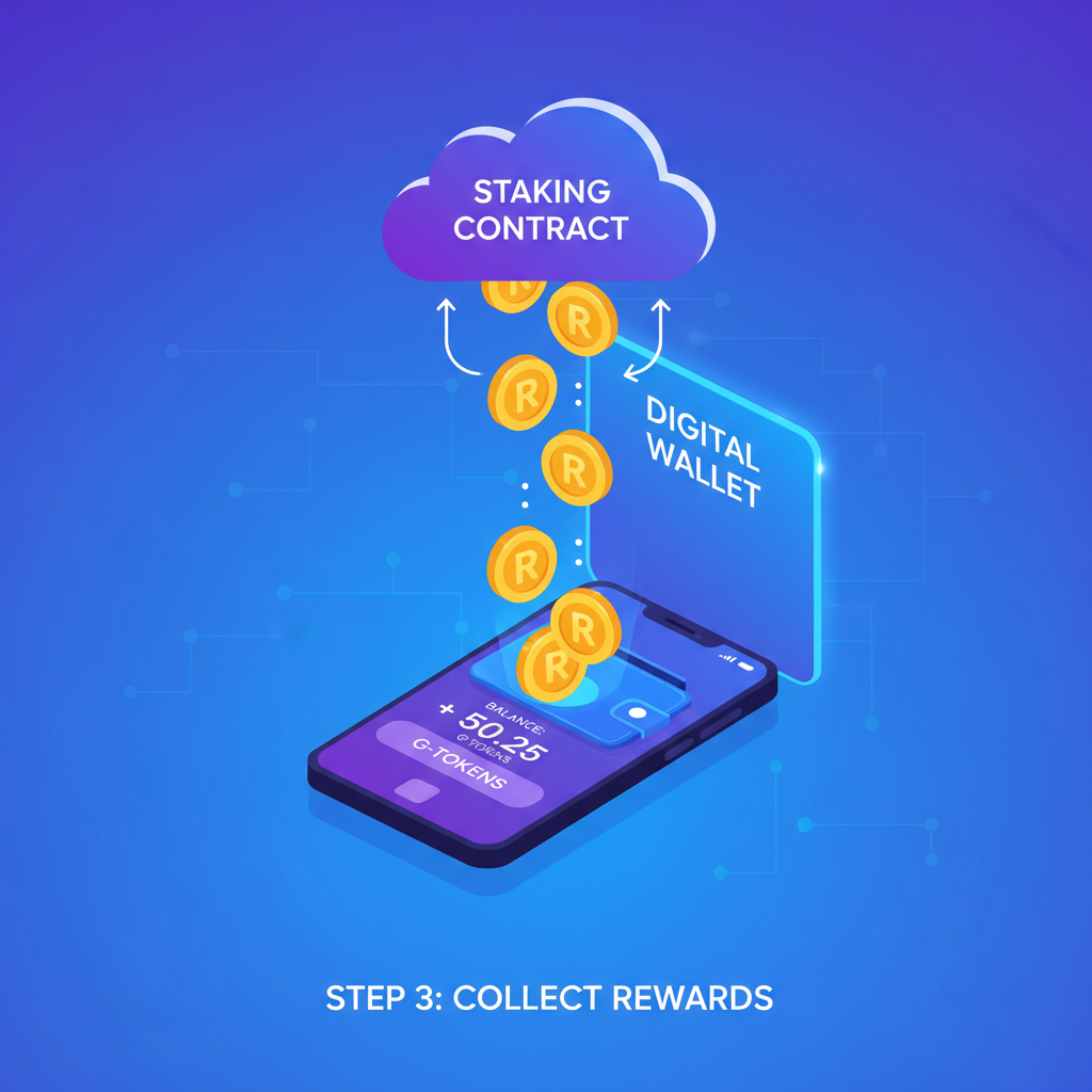 golden reward tokens dropping into a digital wallet from staking contract, vibrant crypto rewards scene