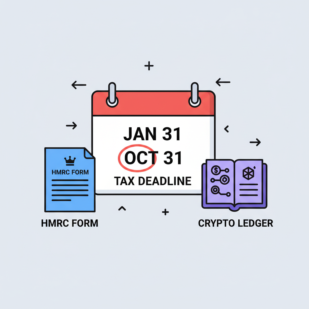 Calendar with tax deadline, HMRC form, and crypto ledger icons