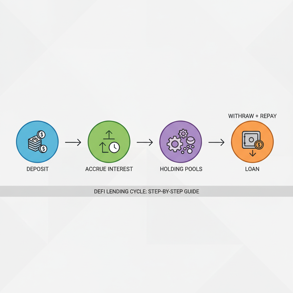 timeline graphic of DeFi lending phases: deposit, accrue, hold pools
