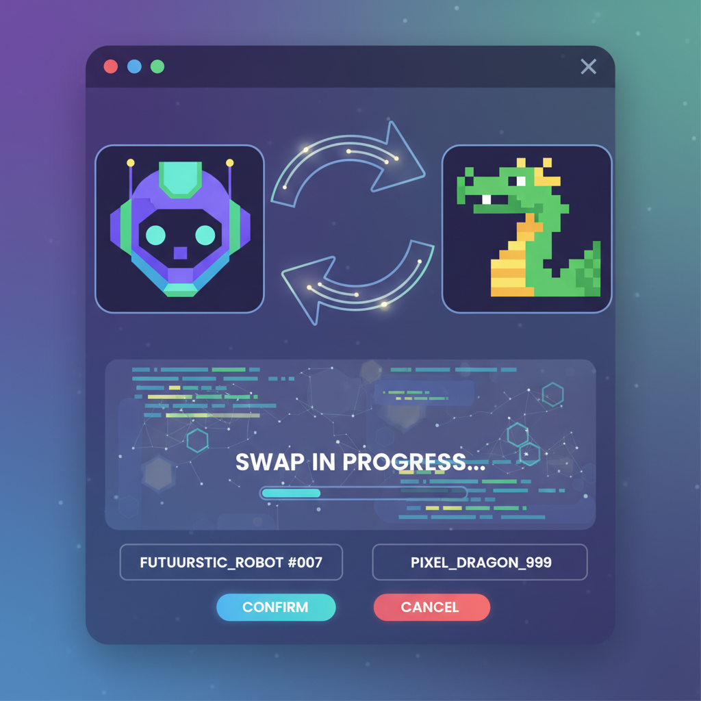 dynamic NFT swap transaction screen on DEX, arrows showing exchange between two NFTs, blockchain animation