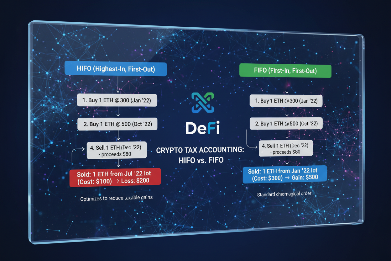 Visual diagram comparing HIFO vs FIFO cost basis methods for DeFi cryptocurrency swaps, illustrating tax minimization strategies for crypto traders