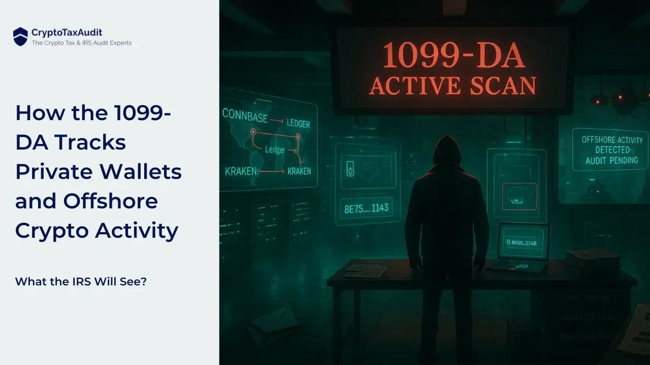 Illustration of IRS Form 1099-DA for 2025-2026 digital asset tax reporting with DeFi protocols and NFT icons, FIFO LIFO HIFO cost basis tracking