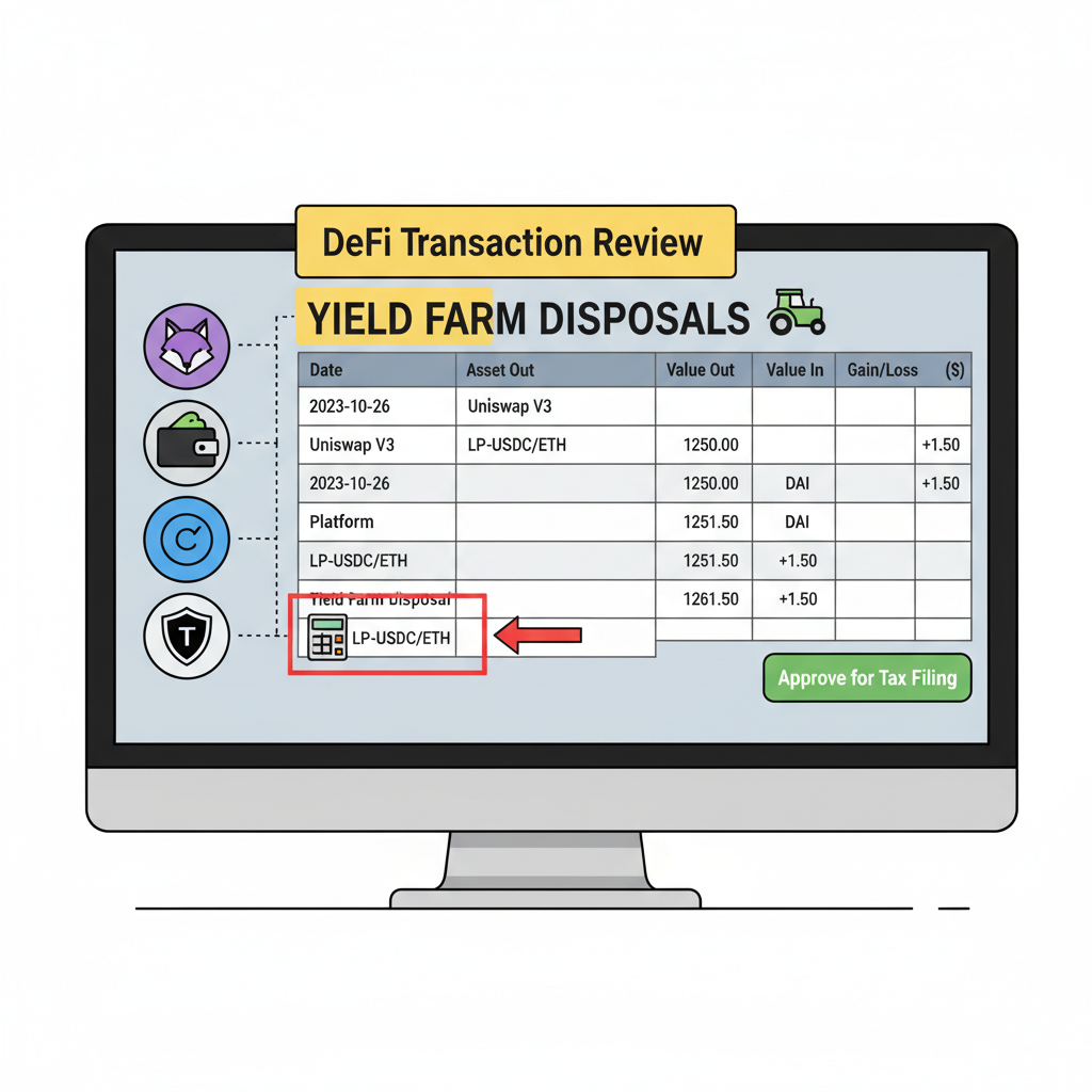 reviewing DeFi transactions in tax software, highlighting yield farm disposals, wallet icons, precise data tables