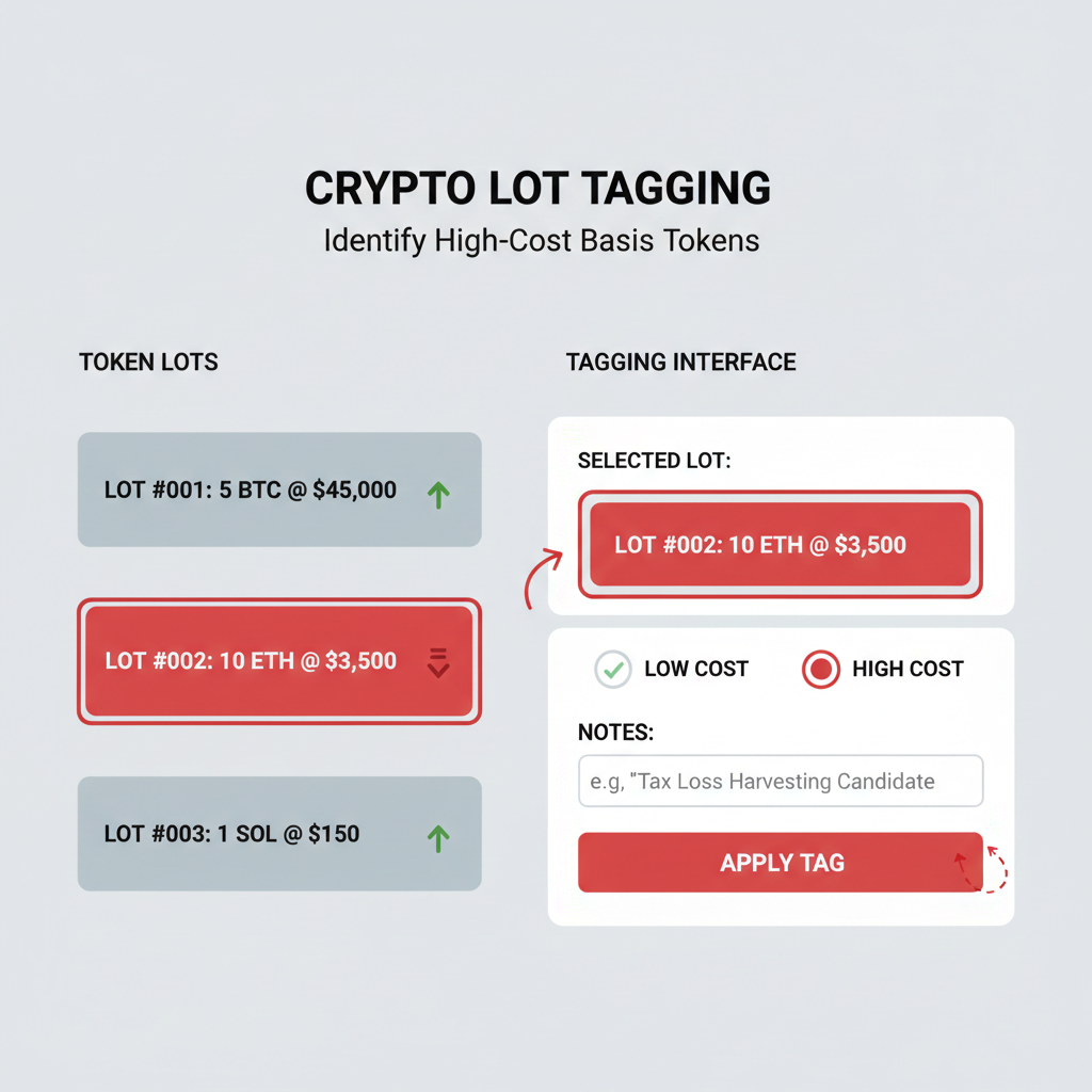 crypto lot tagging interface highlighting high-cost basis tokens in red