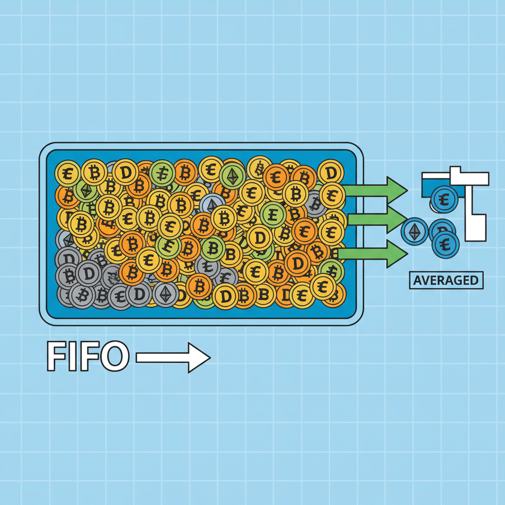 swimming pool filled with averaged crypto coins FIFO arrow