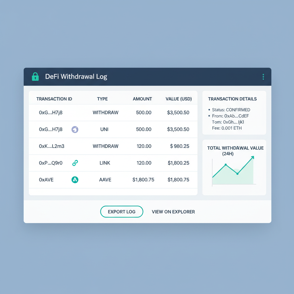 blockchain transaction log showing DeFi withdrawal with tokens, values, timestamps, modern dashboard view